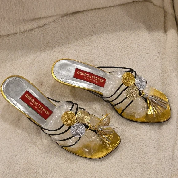 Andrea Pfister Metallic Gold Kitten Heel Mules w Decorative Gold Embellishments - Picture 6 of 6